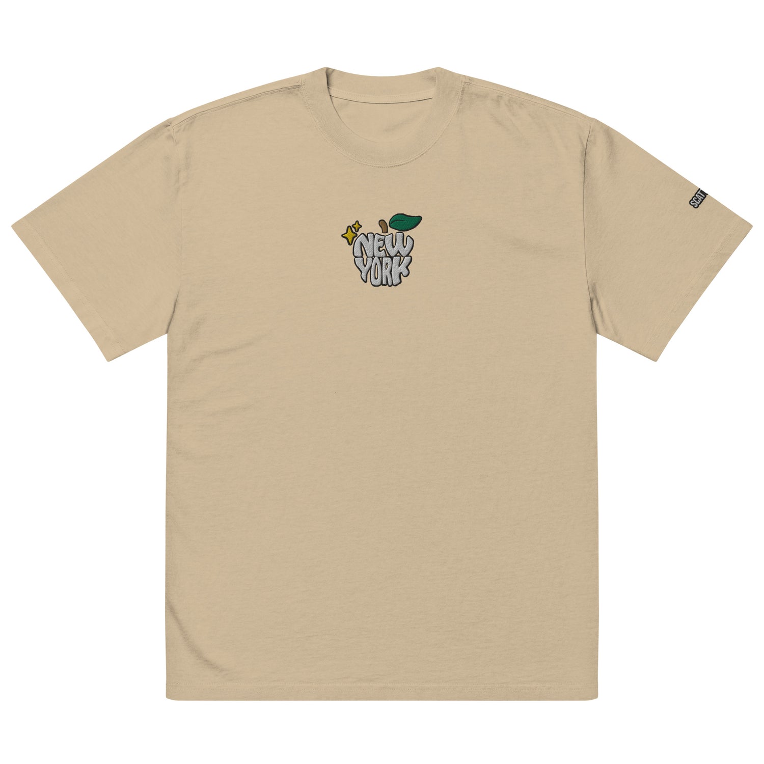 New York Apple Logo Embroidered Oversized Faded Bone Khaki T-Shirt Scattered Streetwear