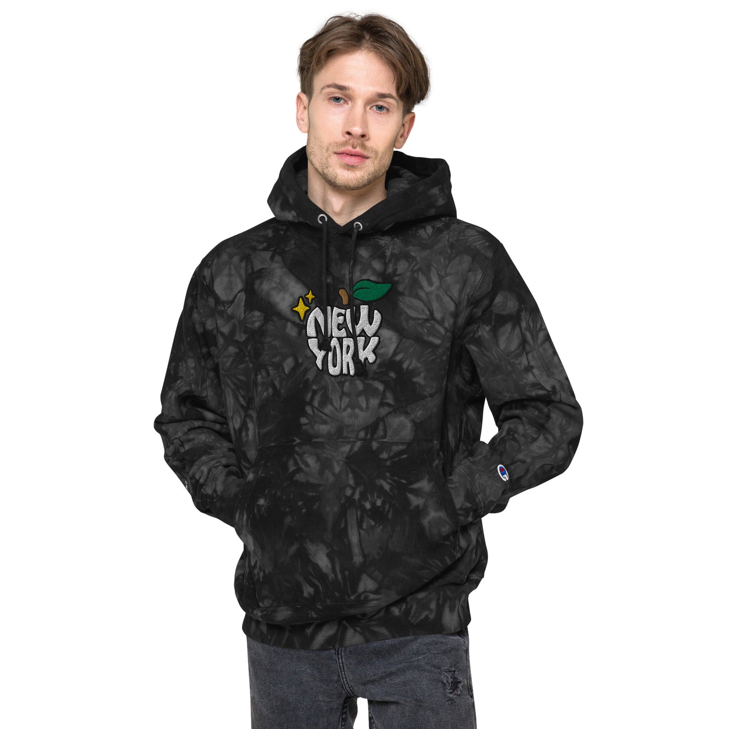 New York Apple Logo Embroidered Black Champion Tie-dye Hoodie Sweatshirt Scattered Streetwear