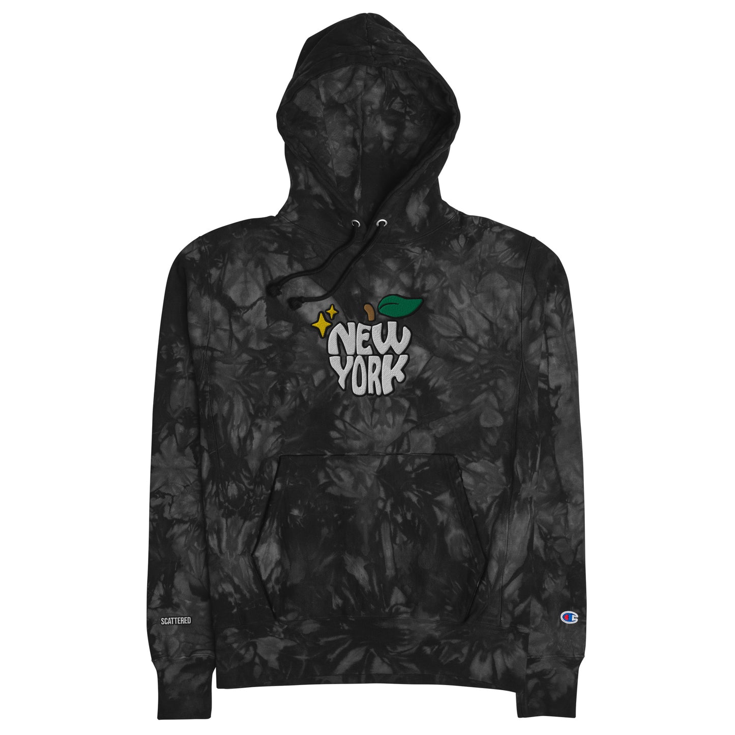 New York Apple Logo Embroidered Black Champion Tie-dye Hoodie Sweatshirt Scattered Streetwear