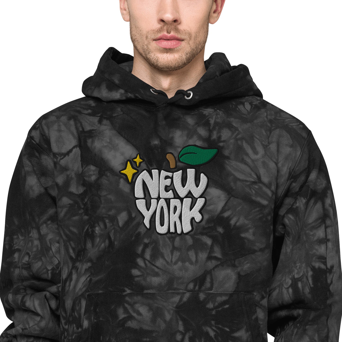 New York Apple Logo Embroidered Black Champion Tie-dye Hoodie Sweatshirt Scattered Streetwear
