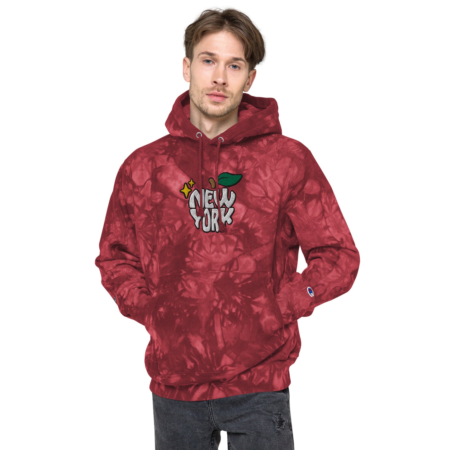 New York Apple Logo Embroidered Red Mulled Berry Champion Tie-dye Hoodie Sweatshirt Scattered Streetwear