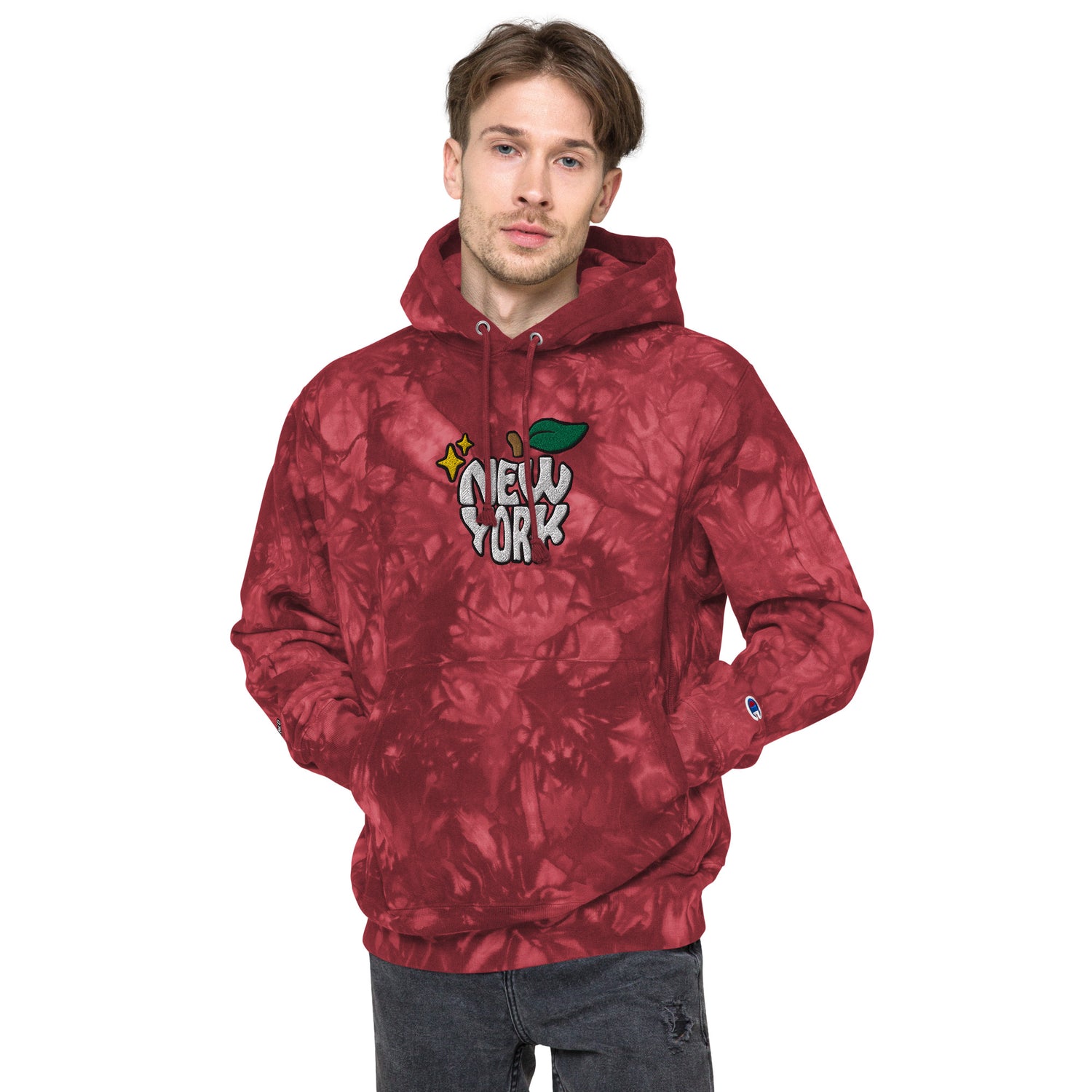 New York Apple Logo Embroidered Red Mulled Berry Champion Tie-dye Hoodie Sweatshirt Scattered Streetwear