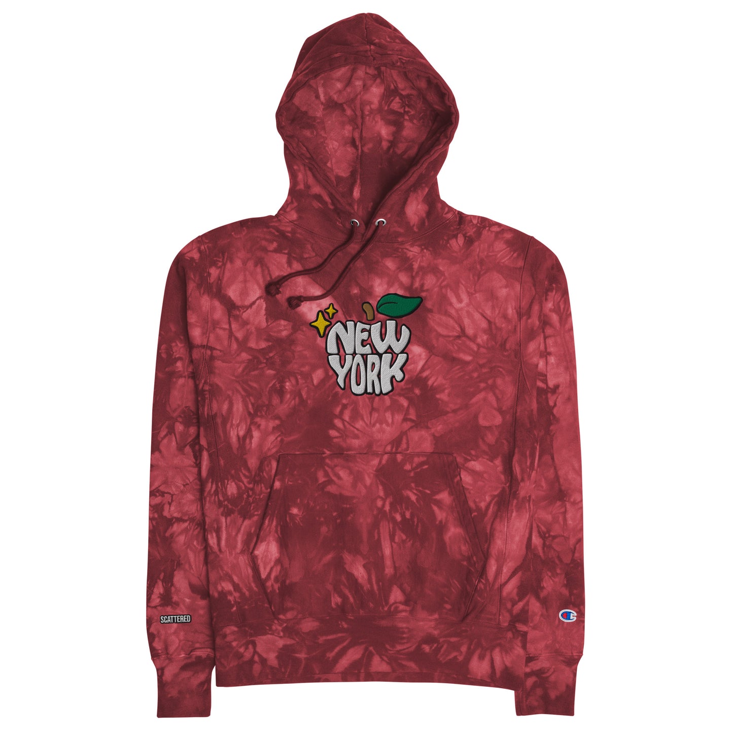 New York Apple Logo Embroidered Red Mulled Berry Champion Tie-dye Hoodie Sweatshirt Scattered Streetwear