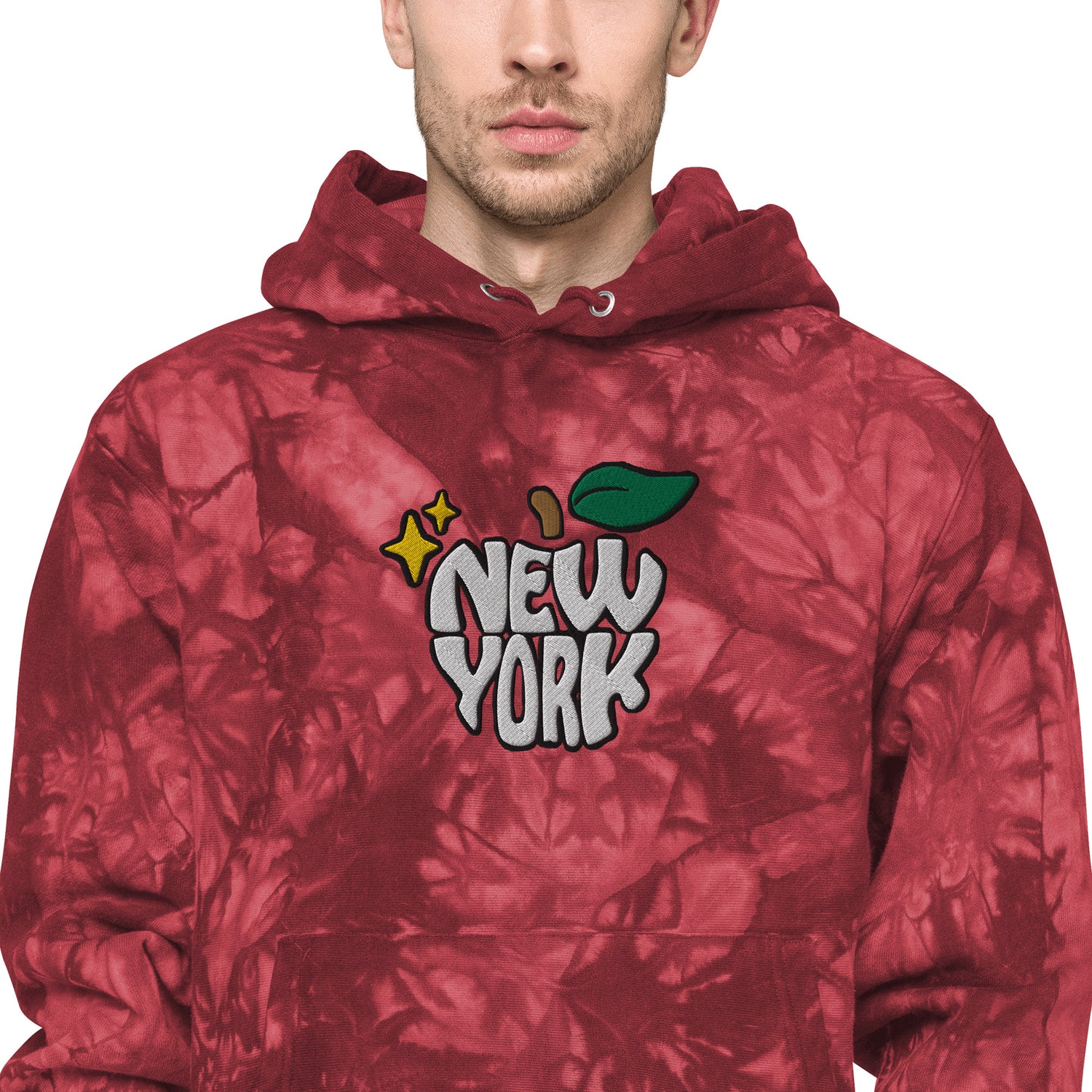 New York Apple Logo Embroidered Red Mulled Berry Champion Tie-dye Hoodie Sweatshirt Scattered Streetwear