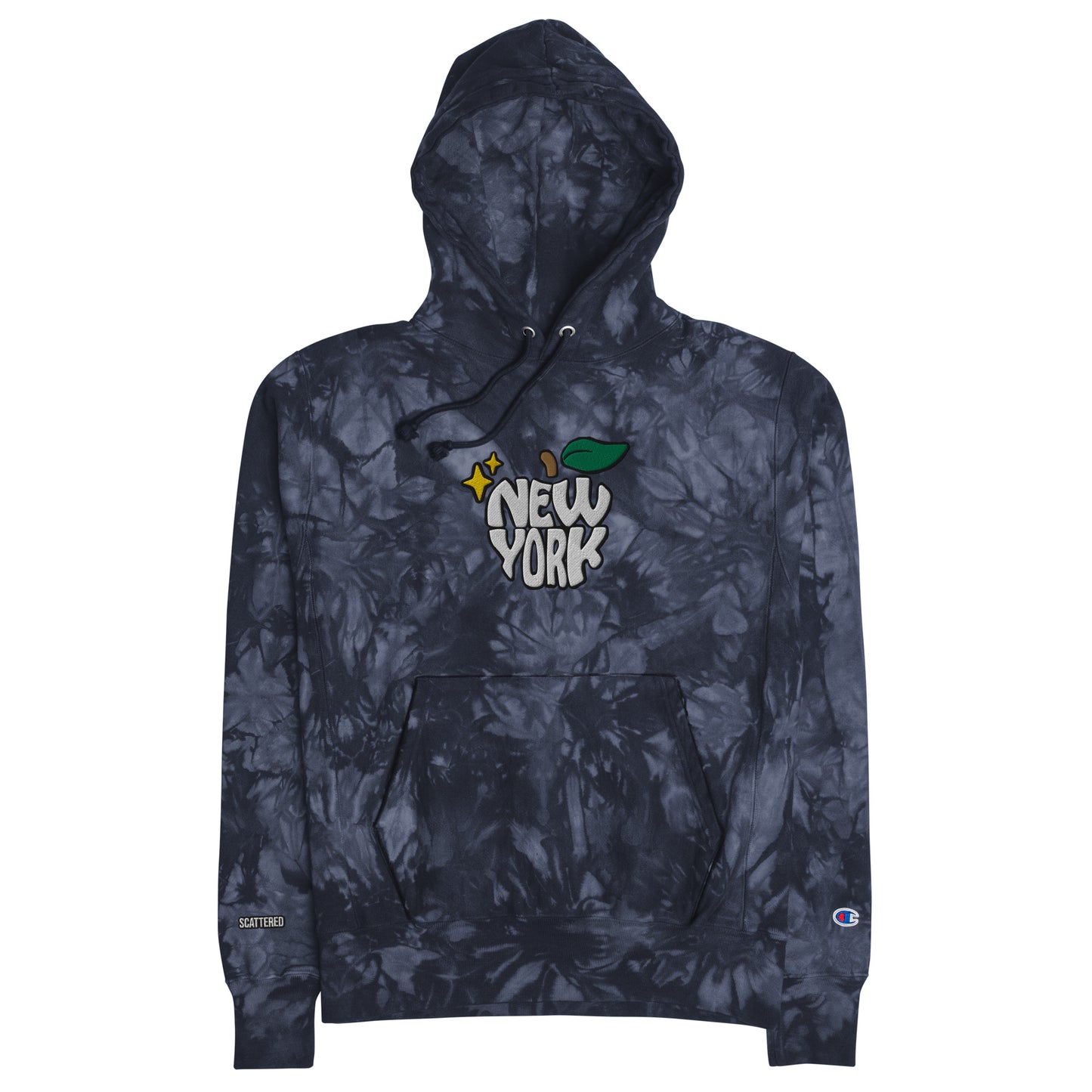 New York Apple Logo Embroidered Navy Blue Champion Tie-dye Hoodie Sweatshirt Scattered Streetwear