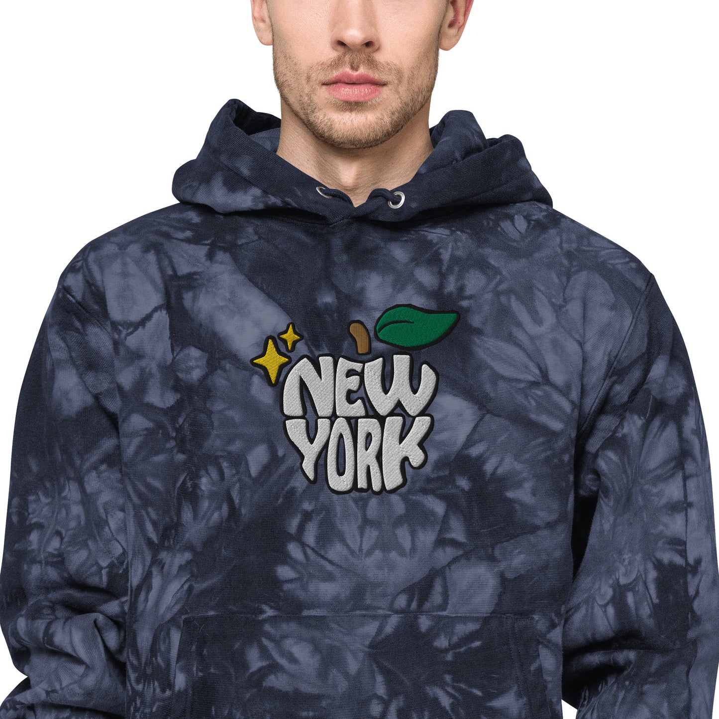 New York Apple Logo Embroidered Navy Blue Champion Tie-dye Hoodie Sweatshirt Scattered Streetwear