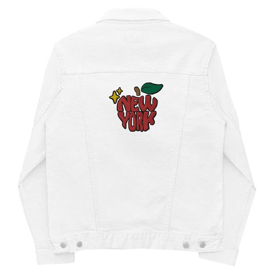 New York Apple Logo Embroidered White Denim Jacket Scattered Streetwear