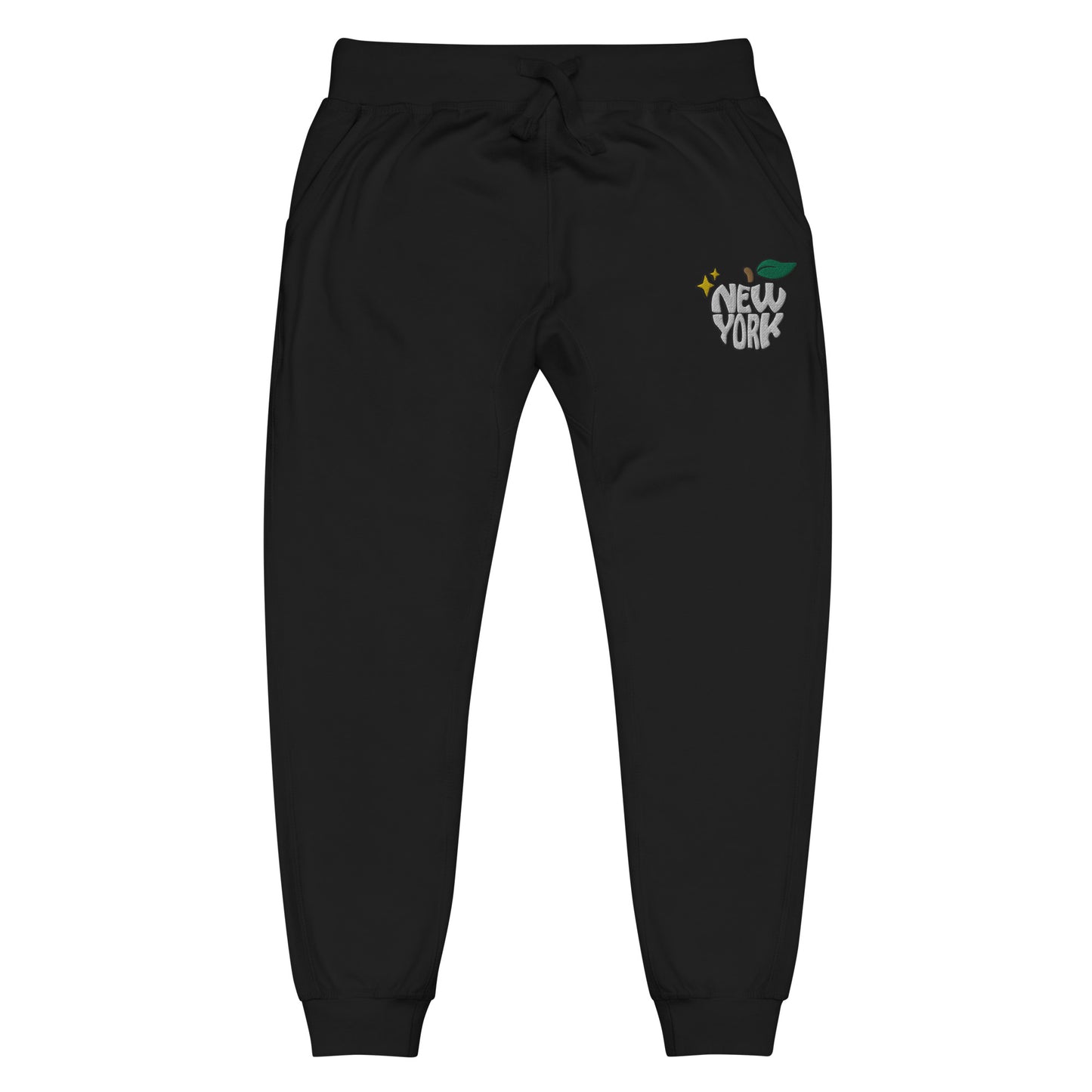 New York Apple Logo Embroidered Black Streetwear Fleece Sweatpants | Scattered