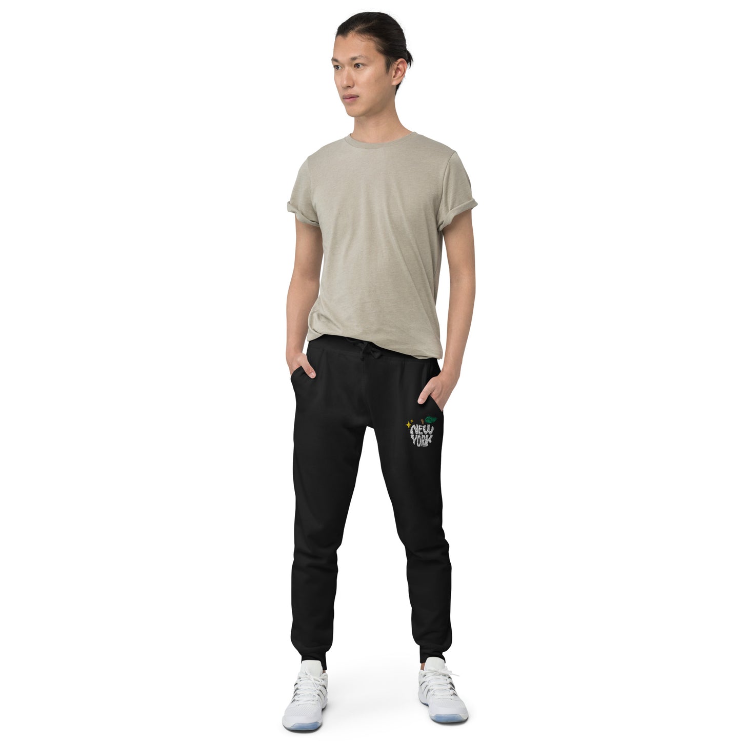 New York Apple Logo Embroidered Black Streetwear Fleece Sweatpants | Scattered