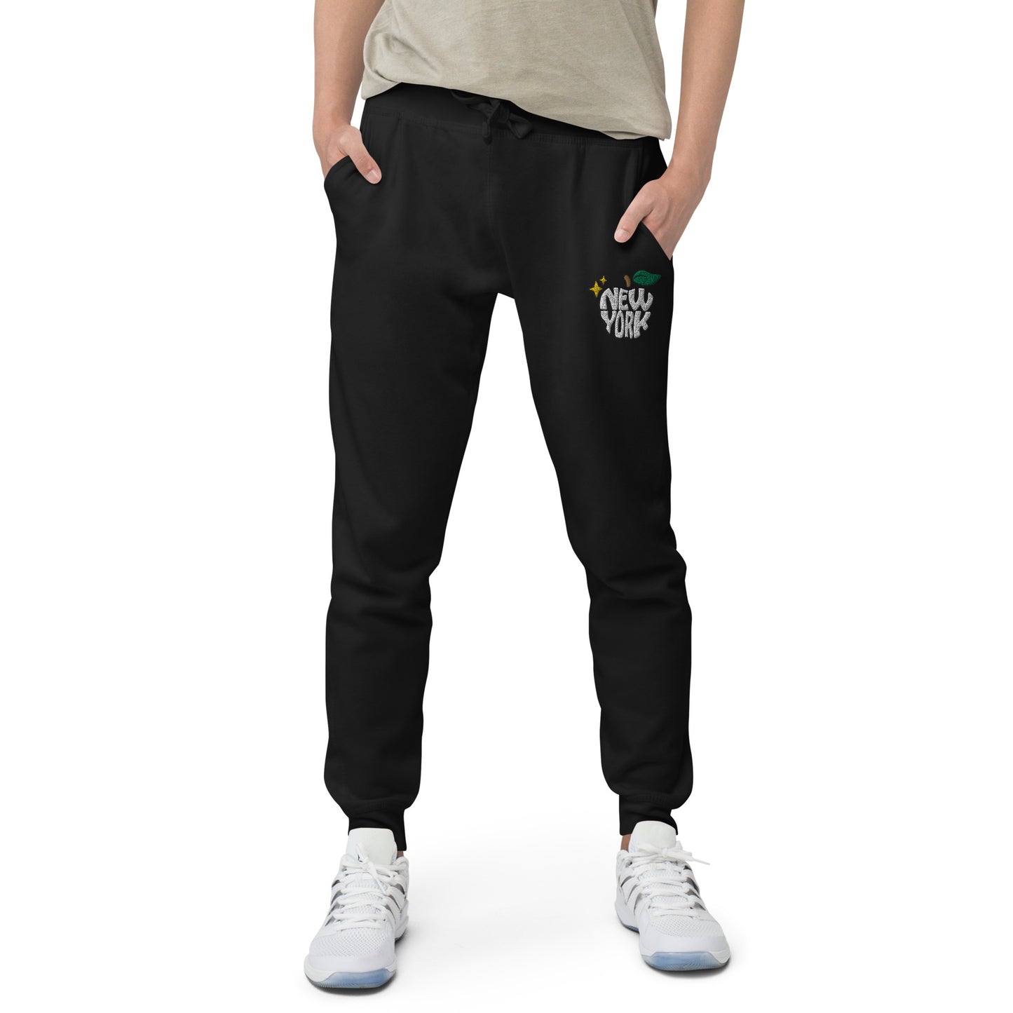 New York Apple Logo Embroidered Black Streetwear Fleece Sweatpants | Scattered