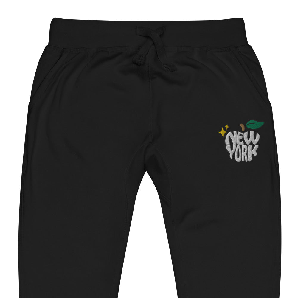 New York Apple Logo Embroidered Black Streetwear Fleece Sweatpants | Scattered