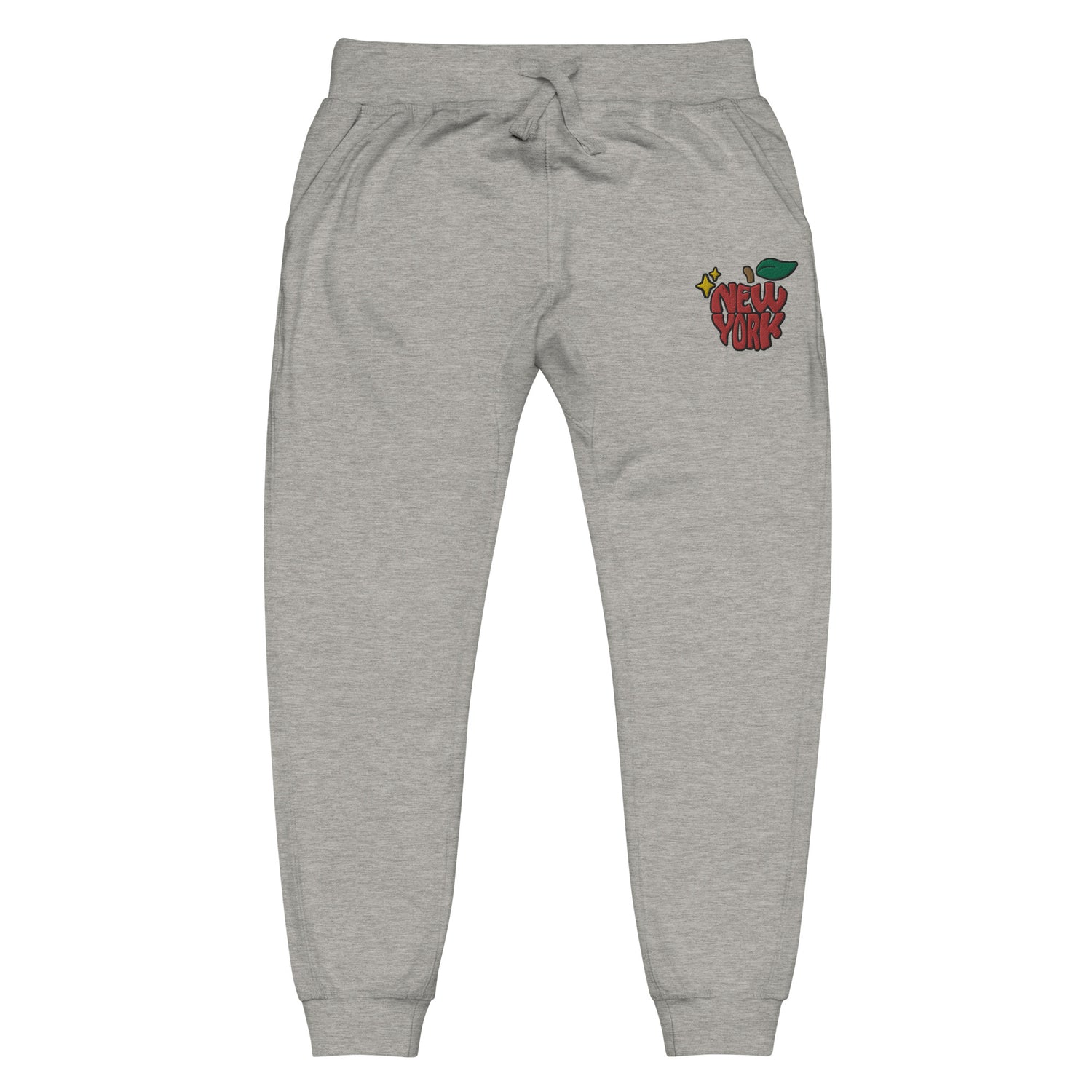 New York Apple Logo Embroidered Grey Streetwear Fleece Sweatpants | Scattered