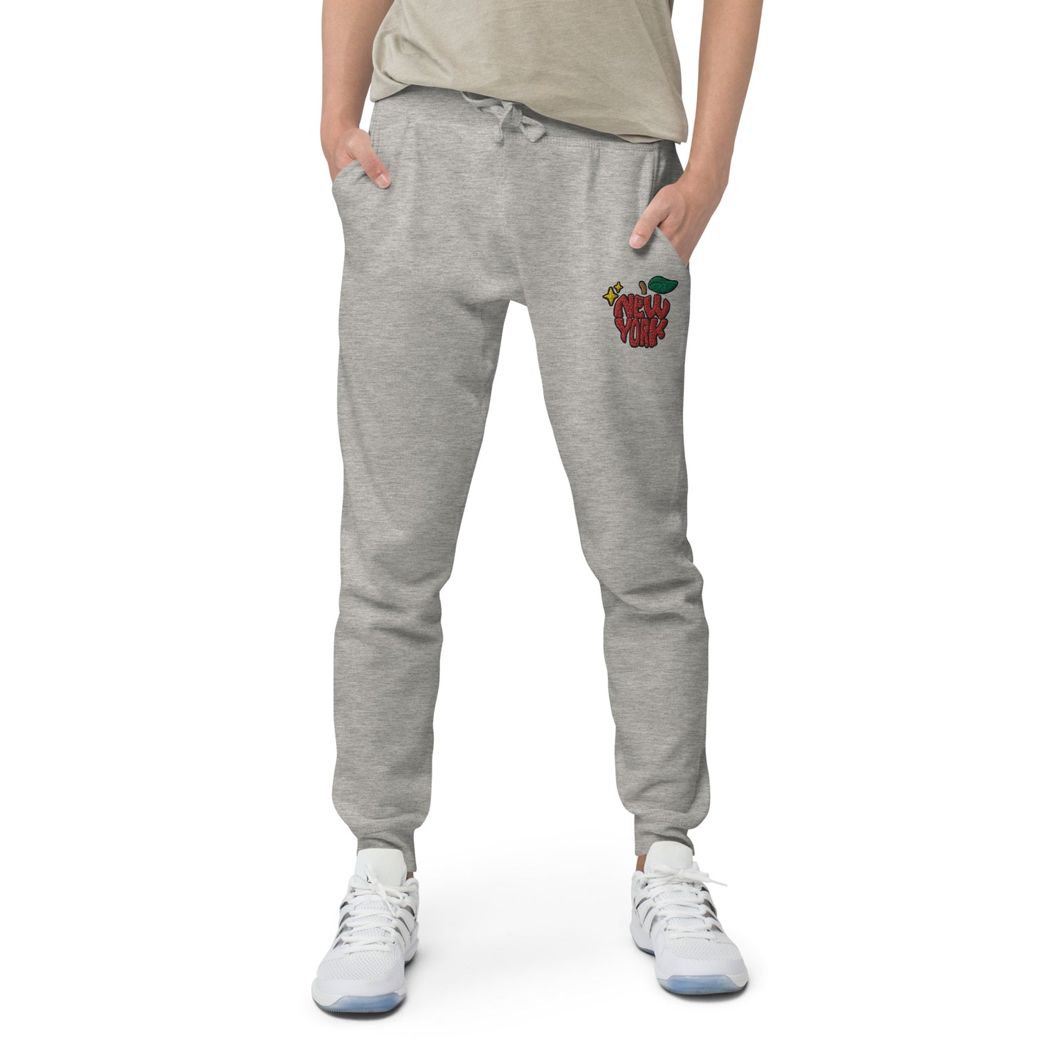 New York Apple Logo Embroidered Grey Streetwear Fleece Sweatpants | Scattered