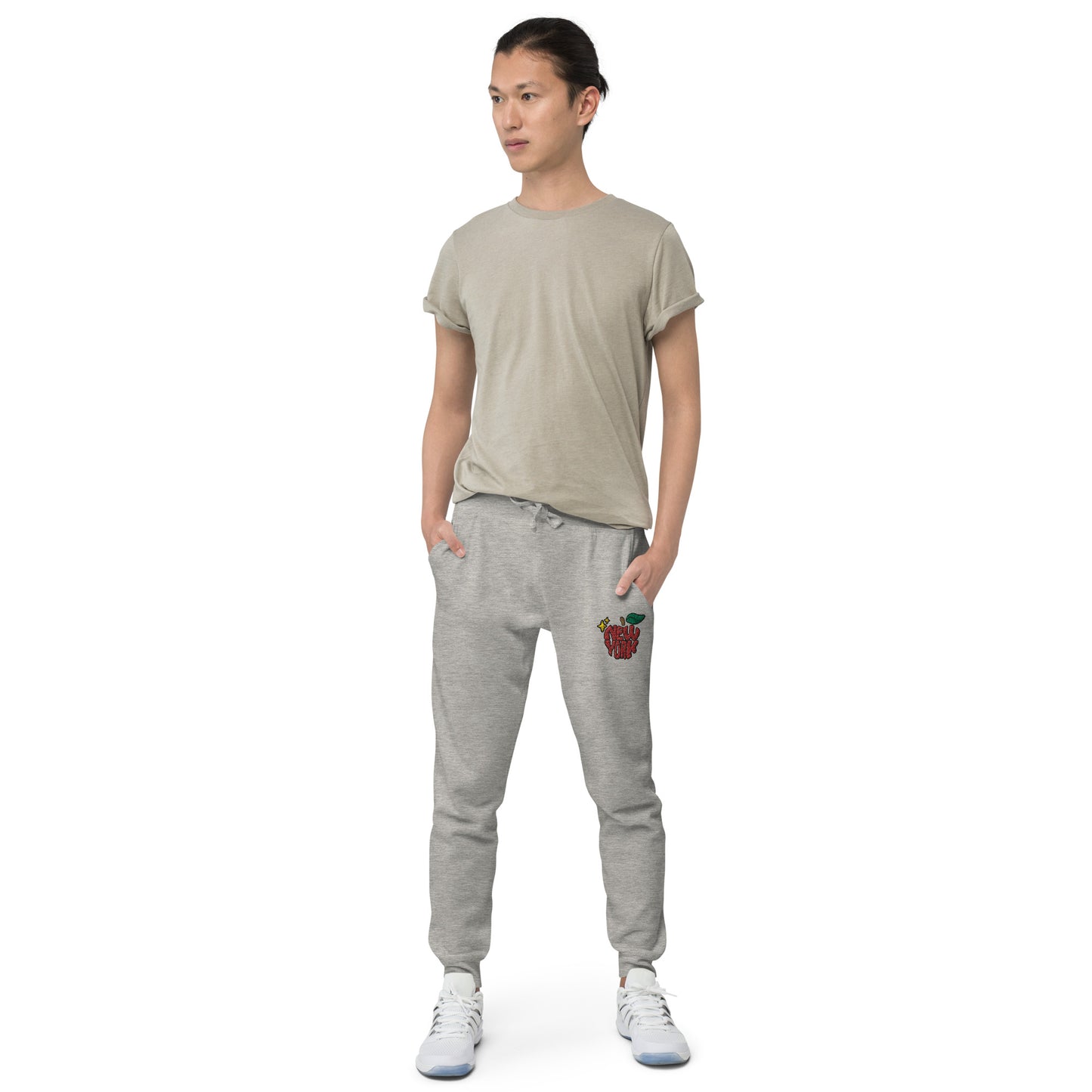 New York Apple Logo Embroidered Grey Streetwear Fleece Sweatpants | Scattered