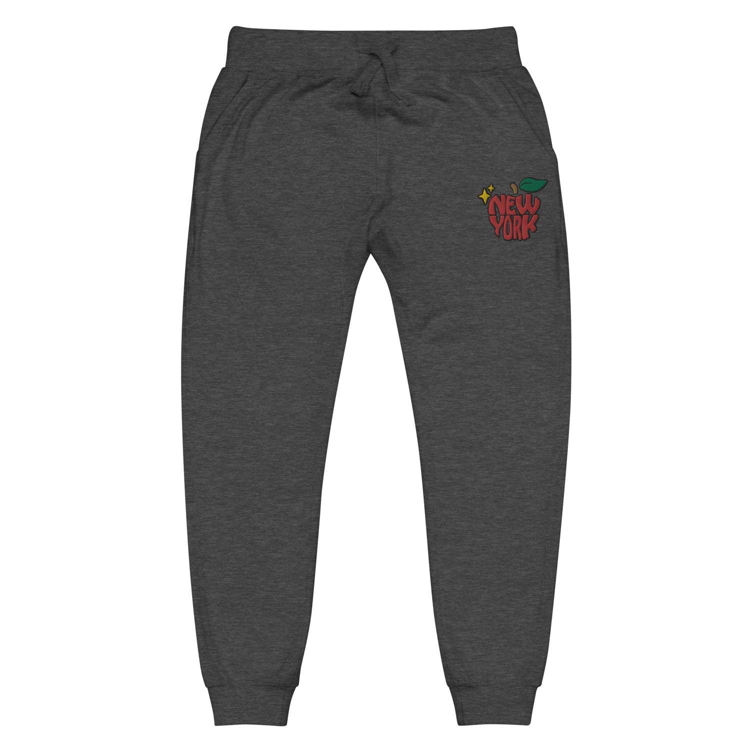 New York Apple Logo Embroidered Charcoal Grey Streetwear Fleece Sweatpants | Scattered