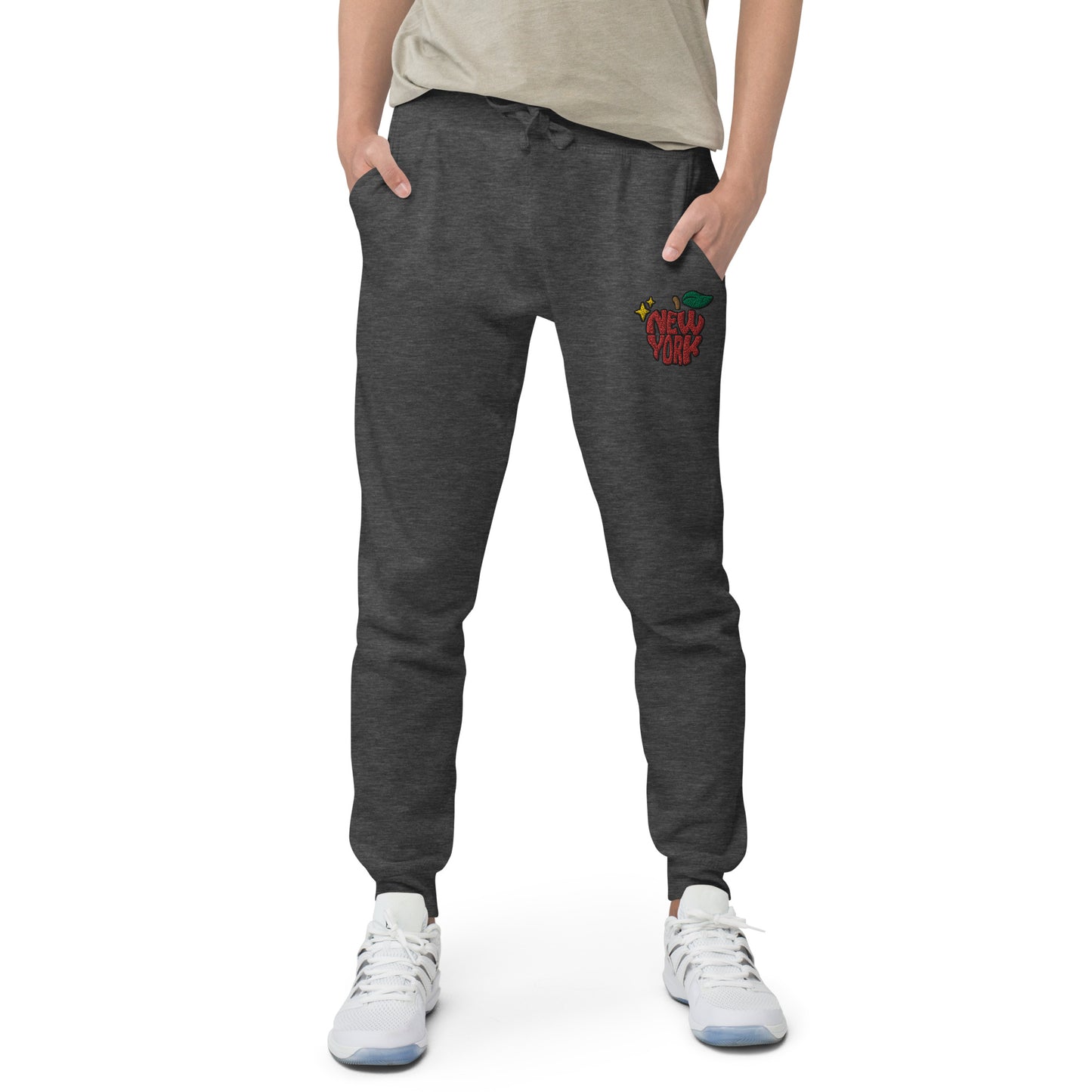 New York Apple Logo Embroidered Charcoal Grey Streetwear Fleece Sweatpants | Scattered