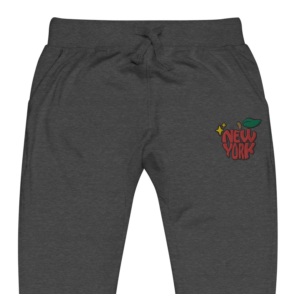 New York Apple Logo Embroidered Charcoal Grey Streetwear Fleece Sweatpants | Scattered