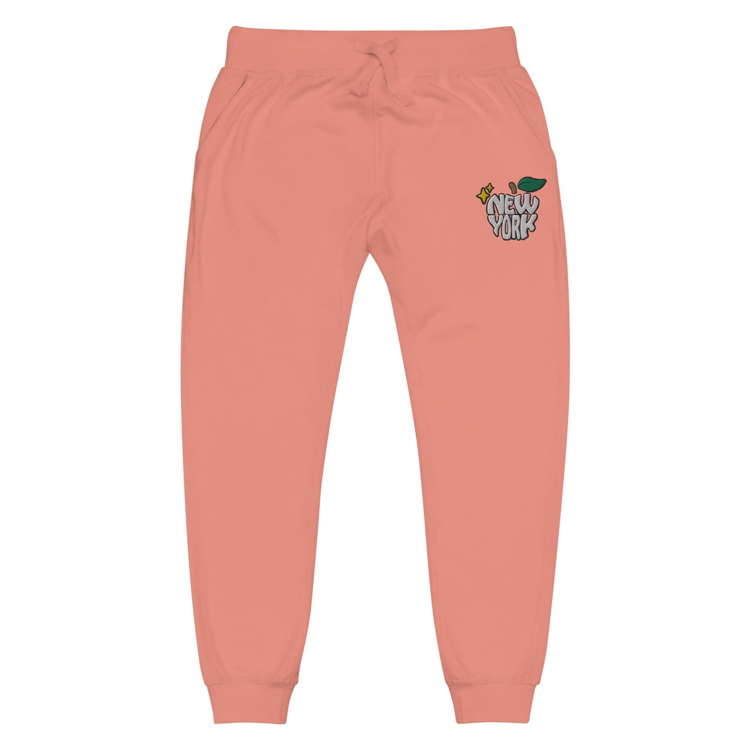 New York Apple Logo Embroidered Salmon Pink Streetwear Fleece Sweatpants | Scattered