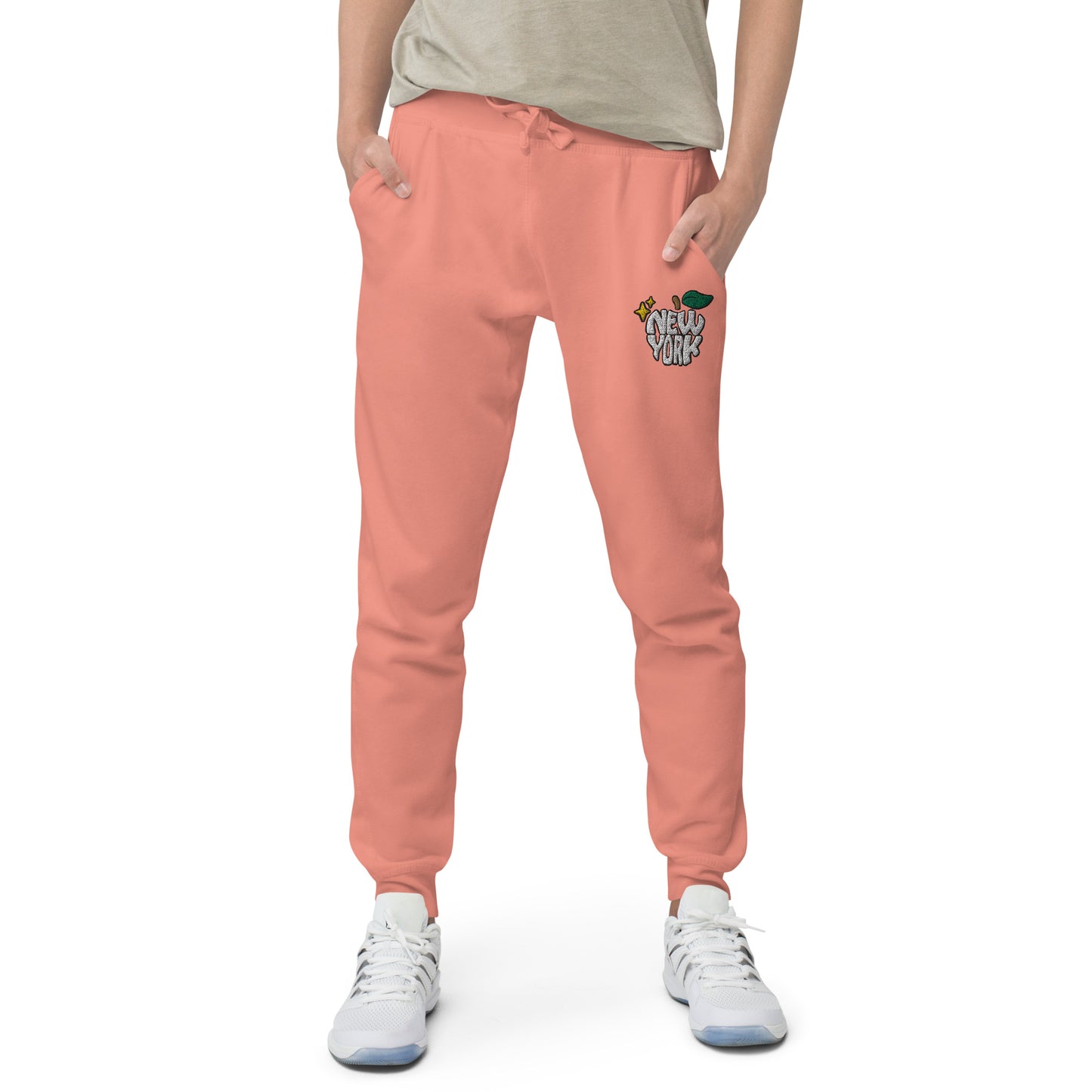 New York Apple Logo Embroidered Salmon Pink Streetwear Fleece Sweatpants | Scattered