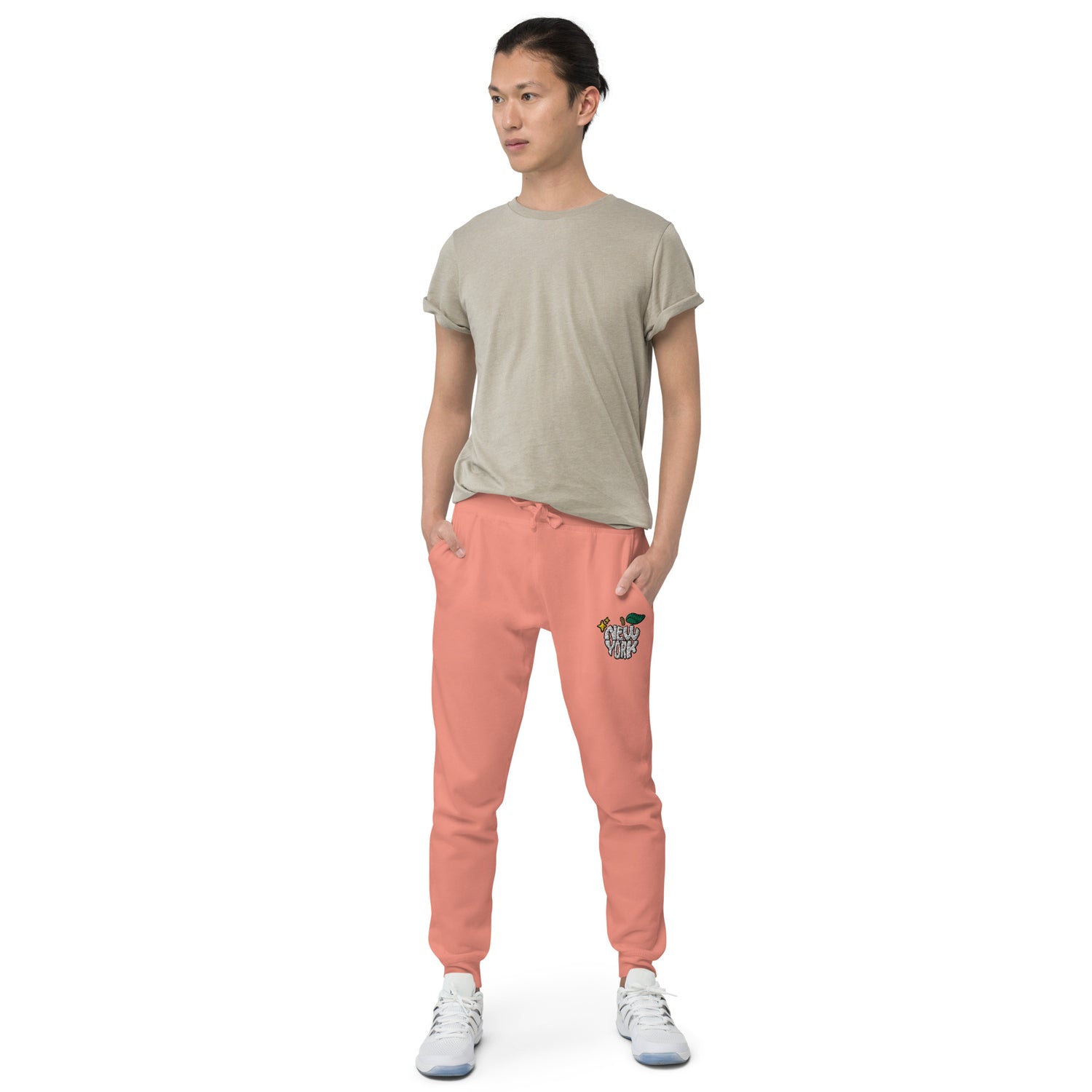 New York Apple Logo Embroidered Salmon Pink Streetwear Fleece Sweatpants | Scattered