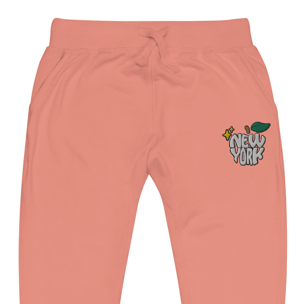 New York Apple Logo Embroidered Salmon Pink Streetwear Fleece Sweatpants | Scattered