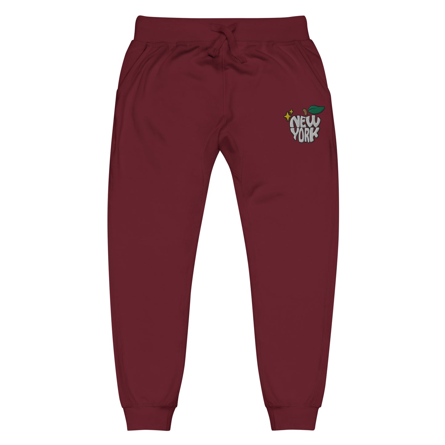 New York Apple Logo Embroidered Burgundy Streetwear Fleece Sweatpants | Scattered