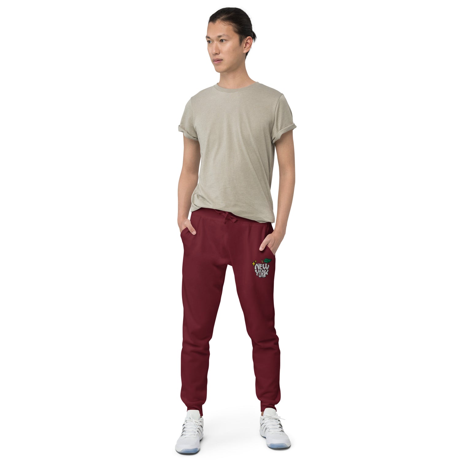 New York Apple Logo Embroidered Burgundy Streetwear Fleece Sweatpants | Scattered