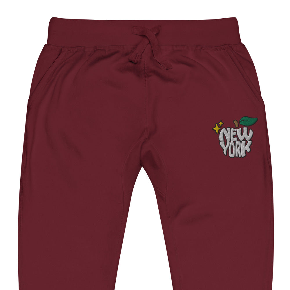 New York Apple Logo Embroidered Burgundy Streetwear Fleece Sweatpants | Scattered