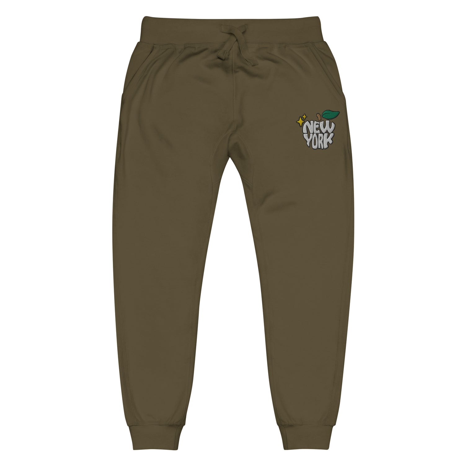 New York Apple Logo Embroidered Olive Green Streetwear Fleece Sweatpants | Scattered