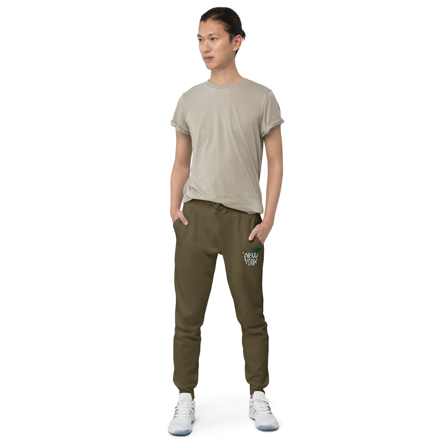 New York Apple Logo Embroidered Olive Green Streetwear Fleece Sweatpants | Scattered