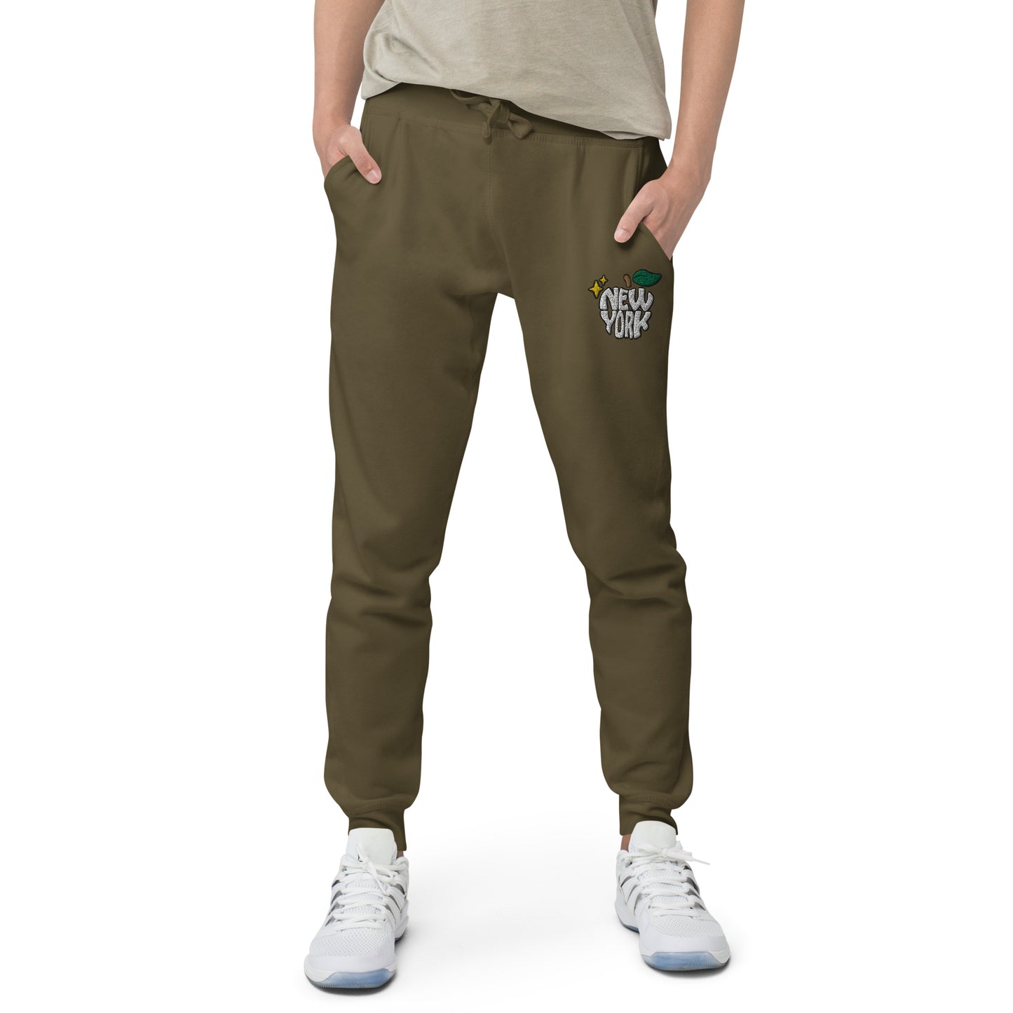 New York Apple Logo Embroidered Olive Green Streetwear Fleece Sweatpants | Scattered