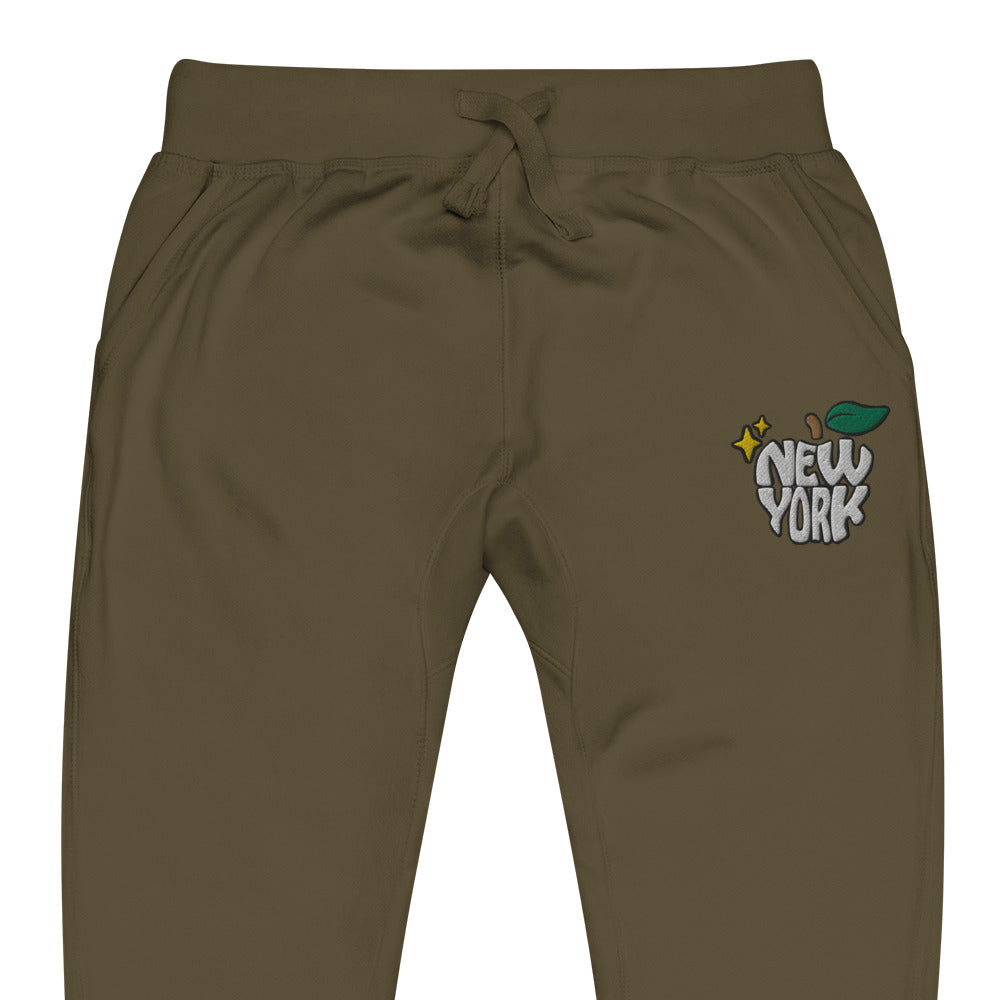 New York Apple Logo Embroidered Olive Green Streetwear Fleece Sweatpants | Scattered