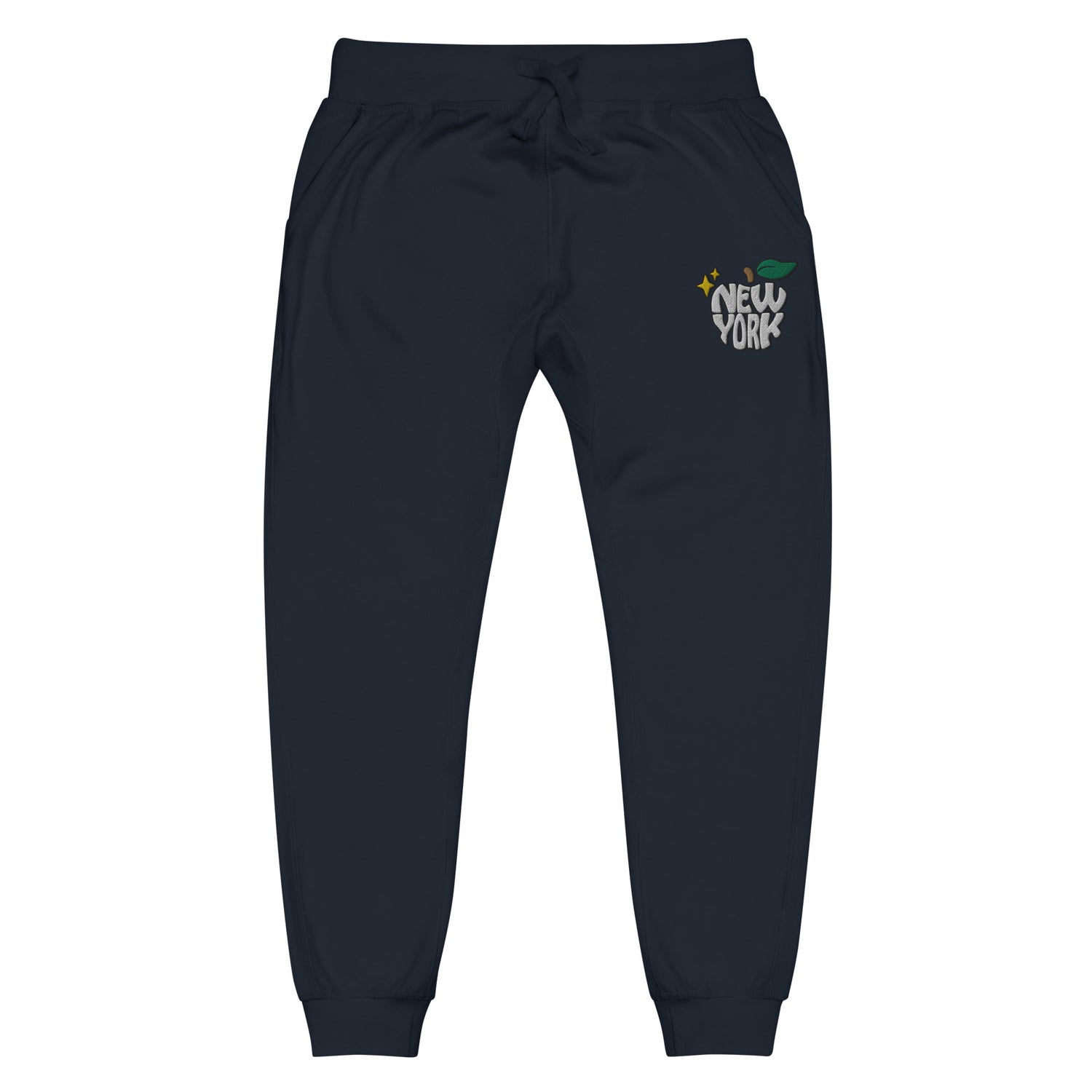 New York Apple Logo Embroidered Navy Blue Streetwear Fleece Sweatpants | Scattered