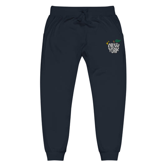 New York Apple Logo Embroidered Navy Blue Streetwear Fleece Sweatpants | Scattered