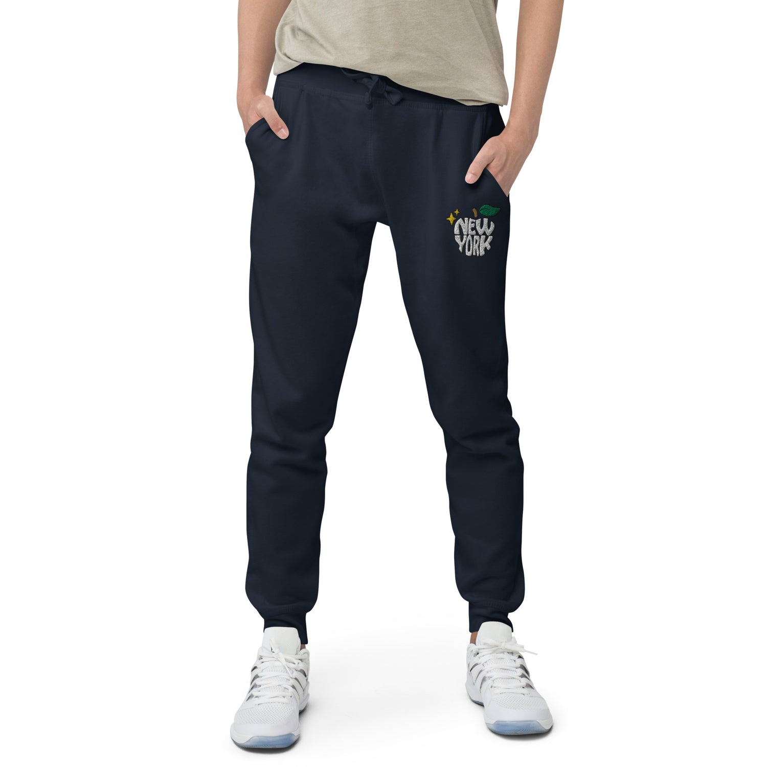 New York Apple Logo Embroidered Navy Blue Streetwear Fleece Sweatpants | Scattered