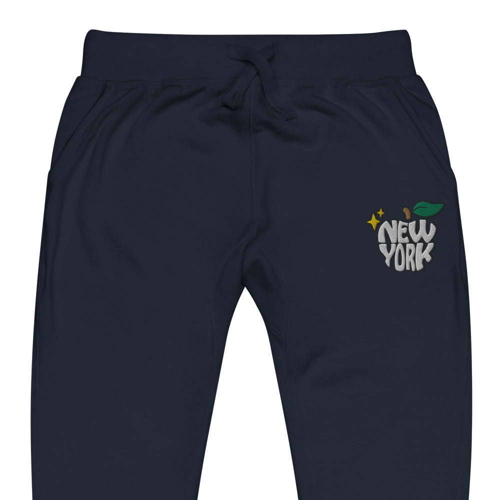 New York Apple Logo Embroidered Navy Blue Streetwear Fleece Sweatpants | Scattered