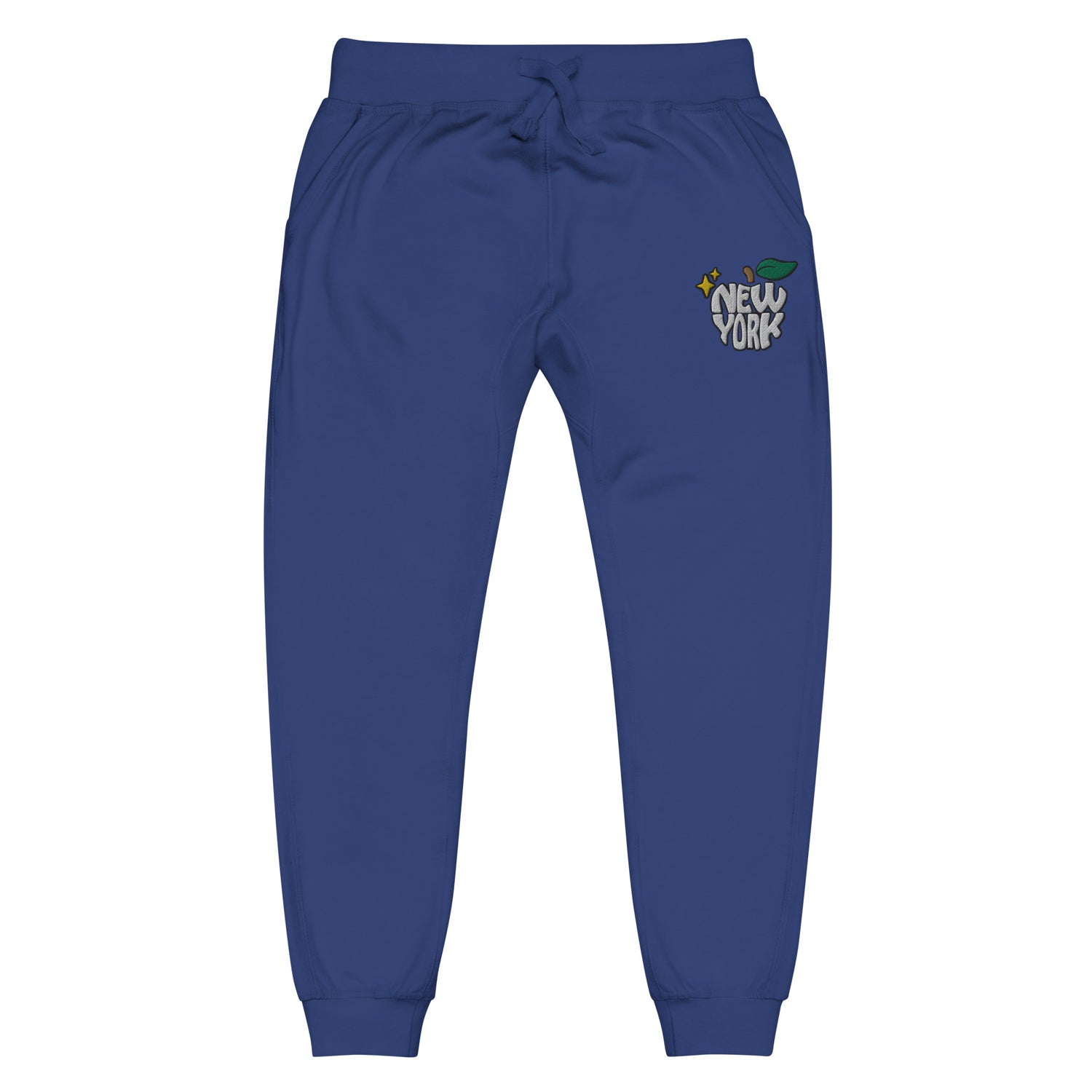 New York Apple Logo Embroidered Royal Blue Streetwear Fleece Sweatpants | Scattered