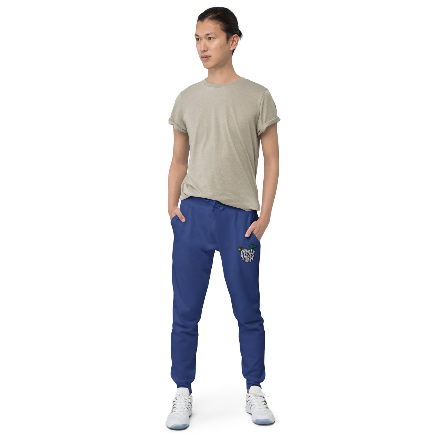 New York Apple Logo Embroidered Royal Blue Streetwear Fleece Sweatpants | Scattered