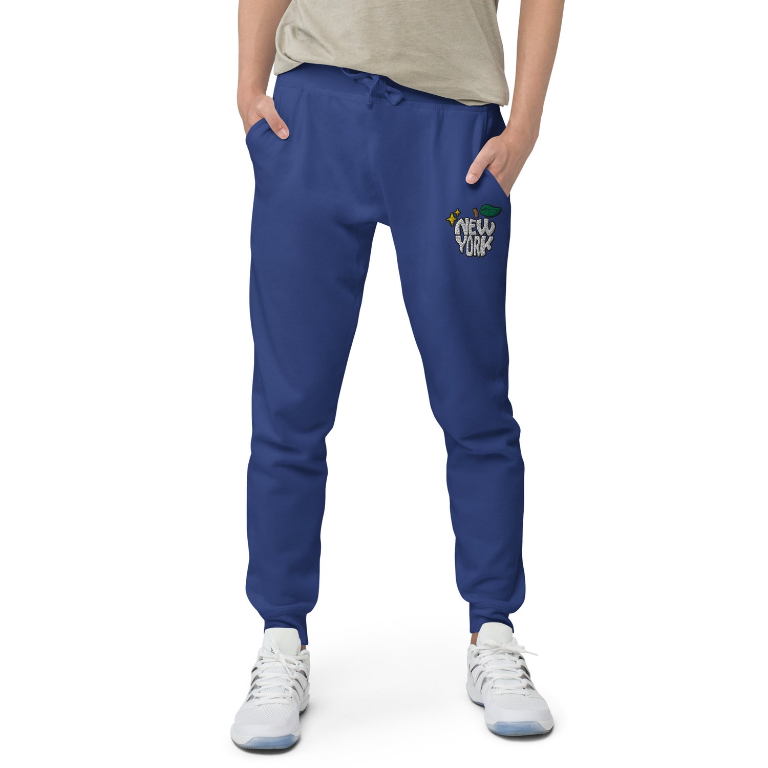 New York Apple Logo Embroidered Royal Blue Streetwear Fleece Sweatpants | Scattered