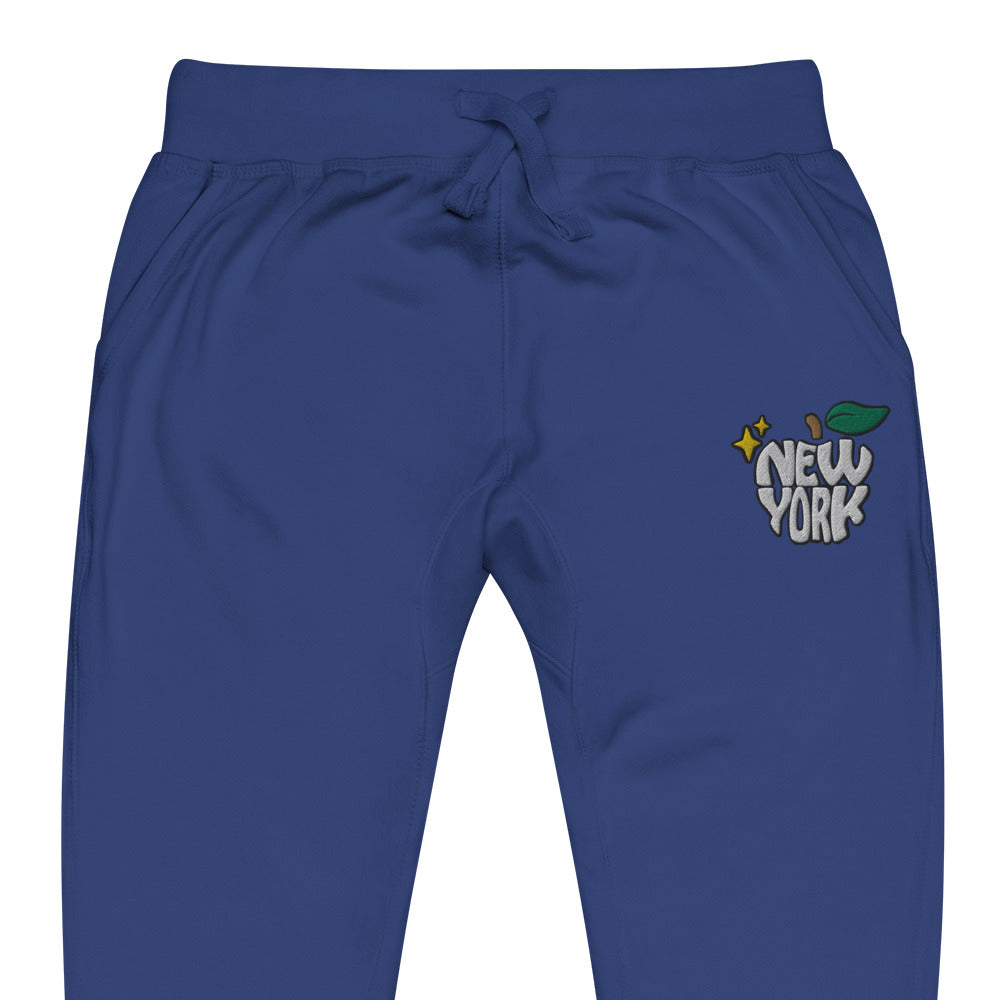 New York Apple Logo Embroidered Royal Blue Streetwear Fleece Sweatpants | Scattered