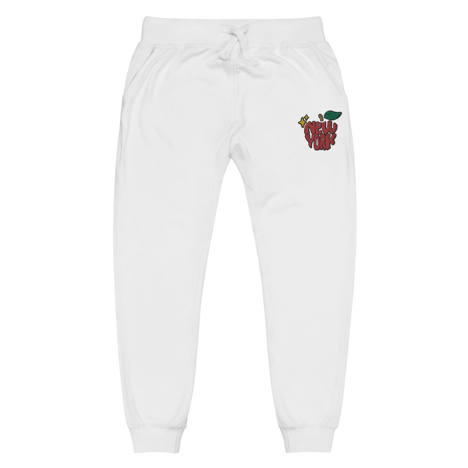 New York Apple Logo Embroidered White Streetwear Fleece Sweatpants | Scattered