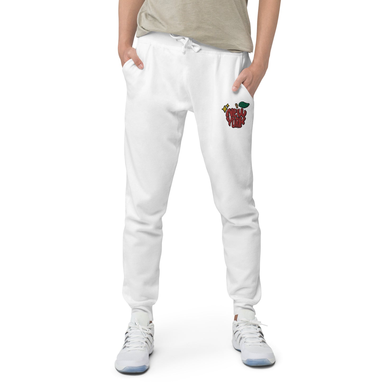 New York Apple Logo Embroidered White Streetwear Fleece Sweatpants | Scattered