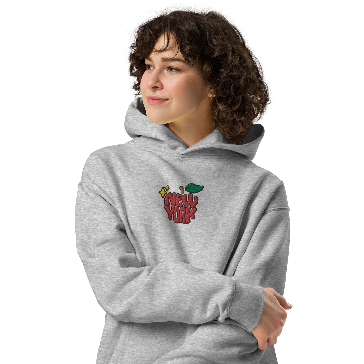 New York Apple Logo Embroidered Grey Streetwear Hoodie Sweatshirt | Scattered