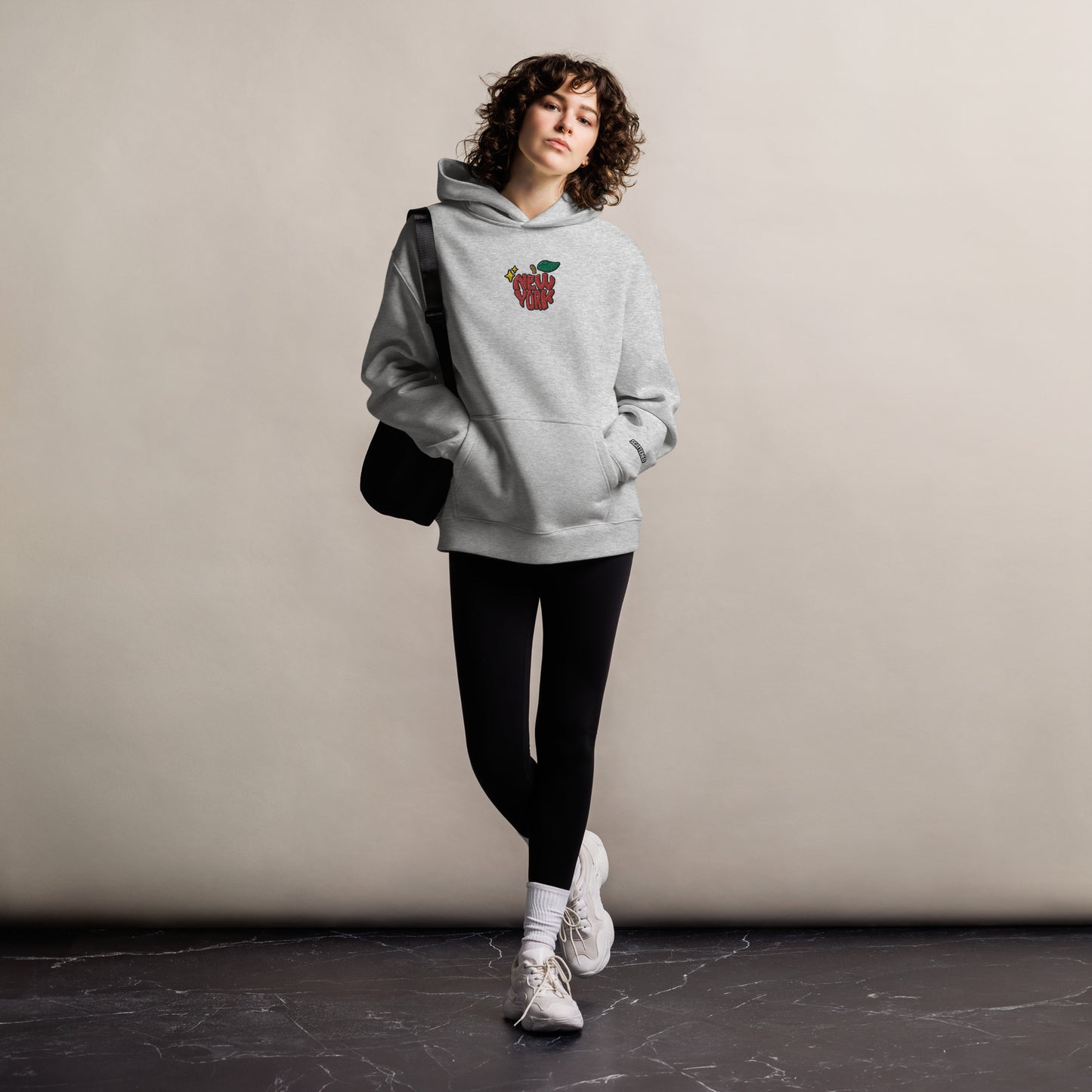 New York Apple Logo Embroidered Grey Streetwear Hoodie Sweatshirt | Scattered