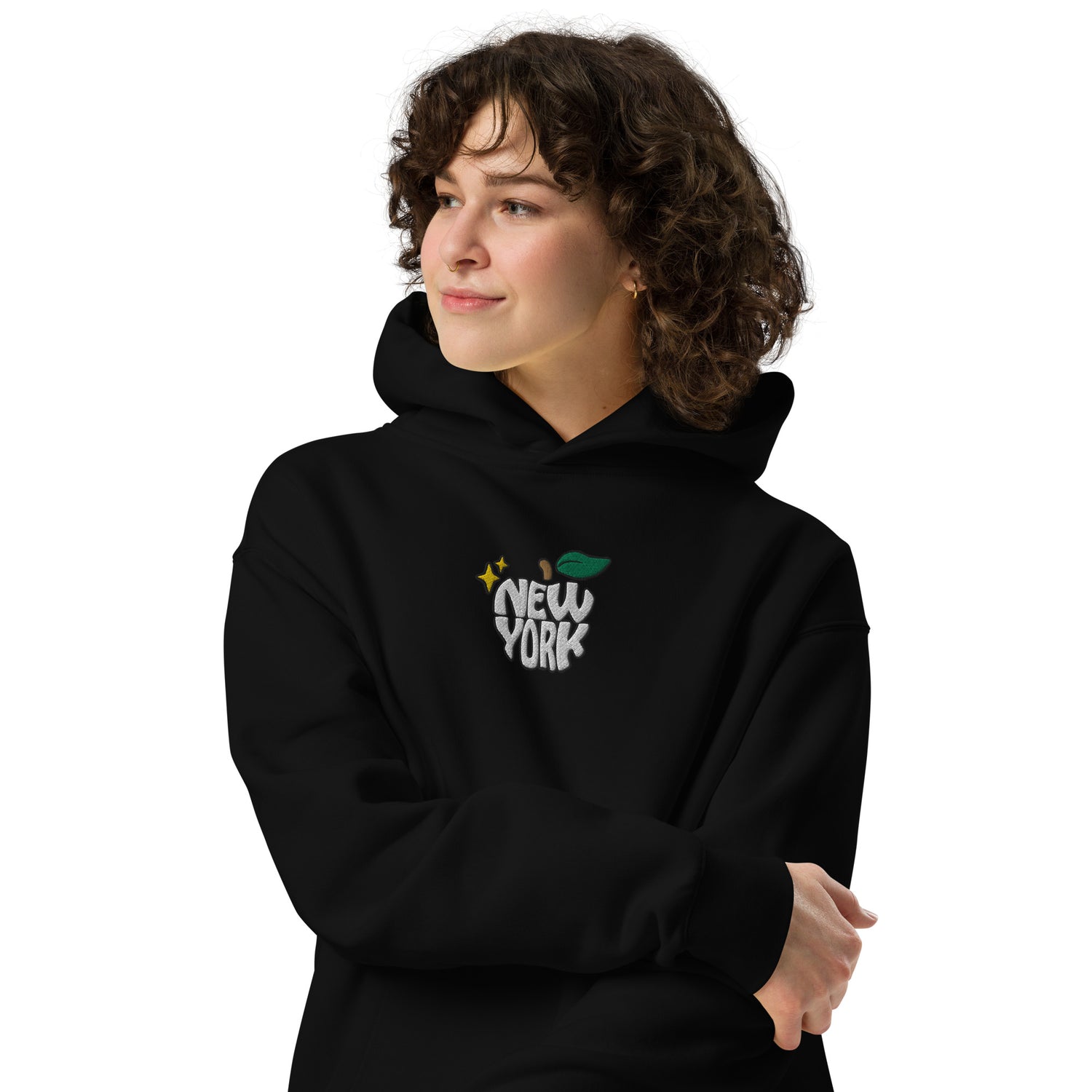 New York Apple Logo Embroidered Black Streetwear Hoodie Sweatshirt | Scattered