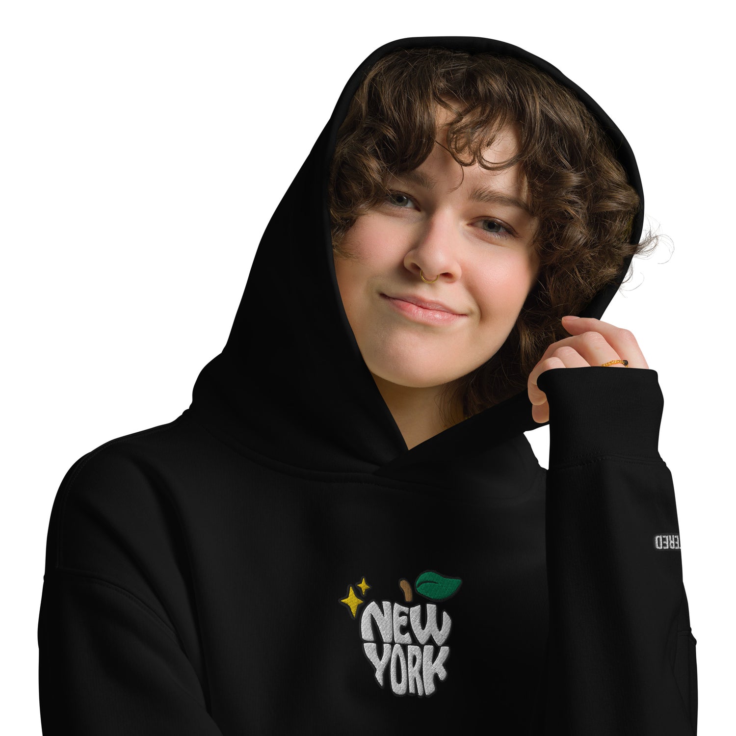 New York Apple Logo Embroidered Black Streetwear Hoodie Sweatshirt | Scattered