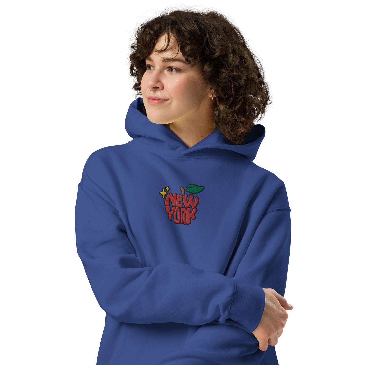 New York Apple Logo Embroidered Royal Blue Streetwear Hoodie Sweatshirt | Scattered