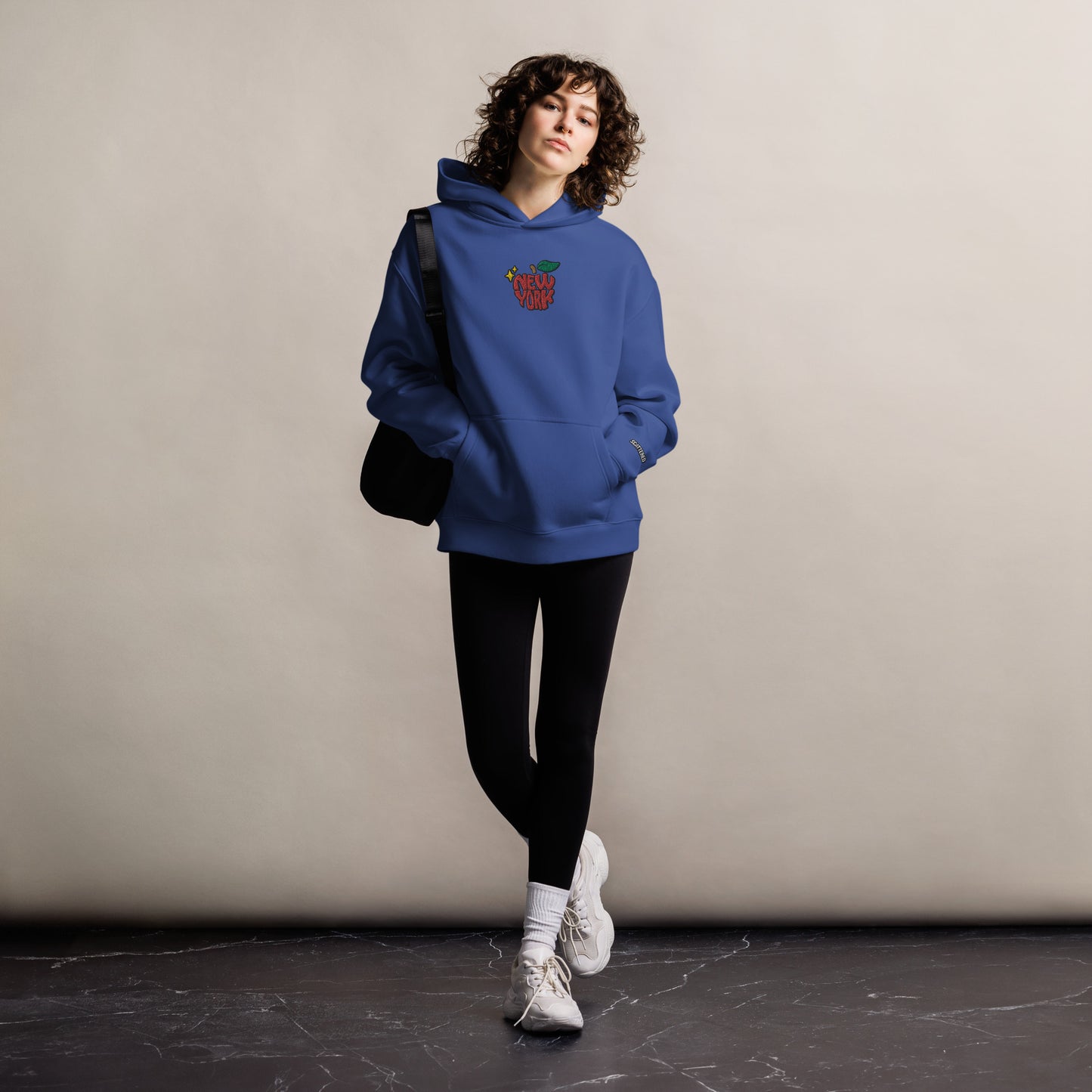 New York Apple Logo Embroidered Royal Blue Streetwear Hoodie Sweatshirt | Scattered