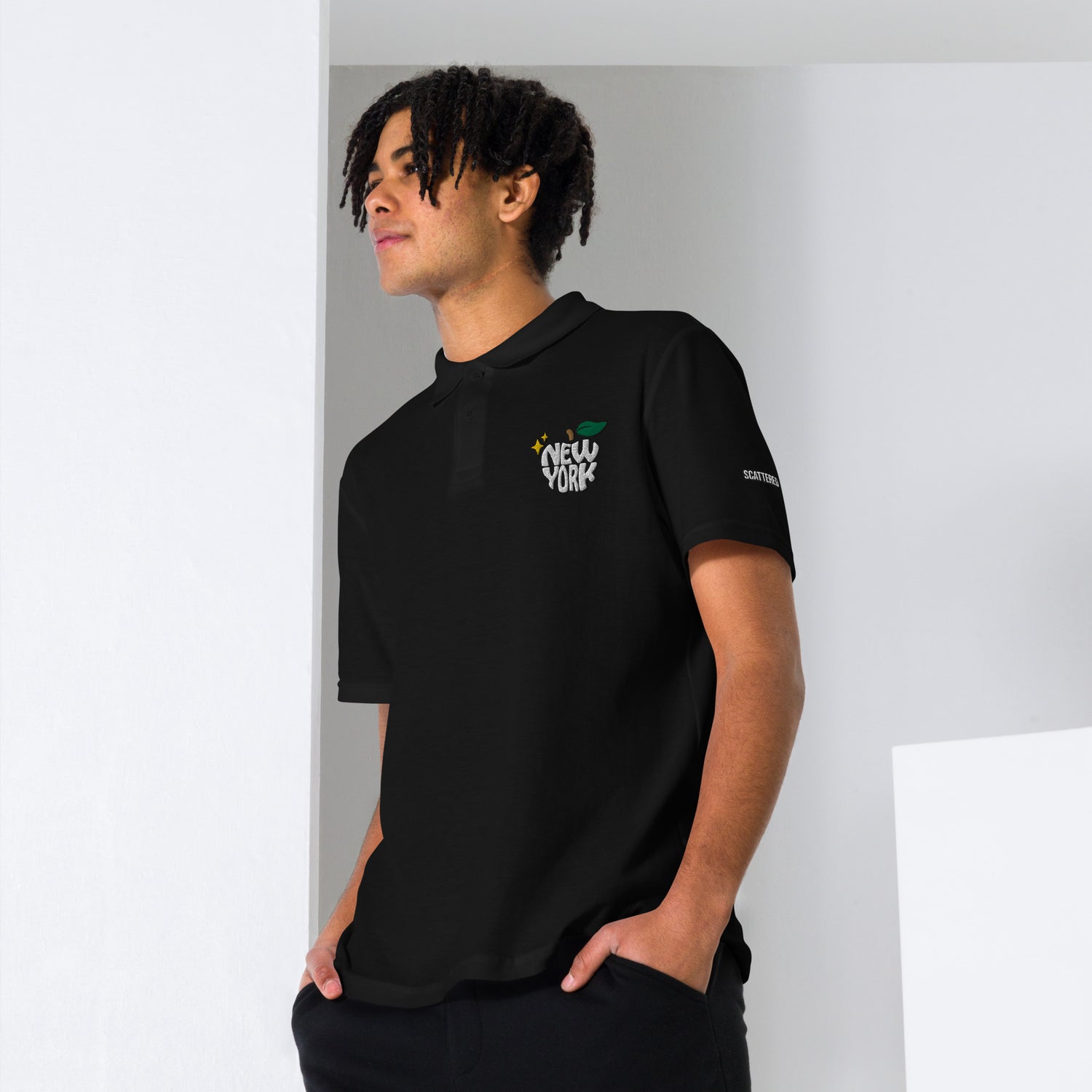 New York Apple Logo Embroidered Black Polo Shirt Scattered Streetwear