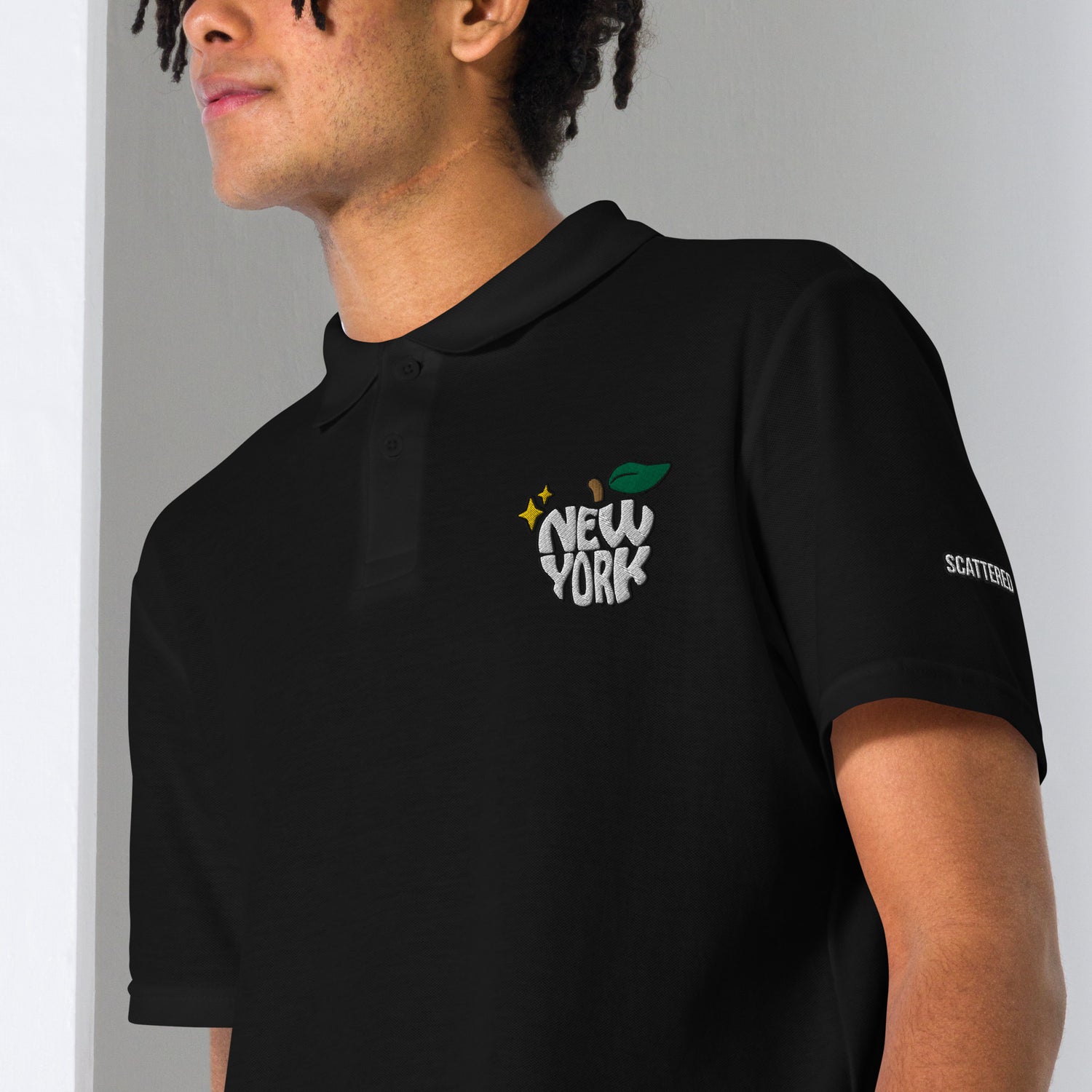 New York Apple Logo Embroidered Black Polo Shirt Scattered Streetwear